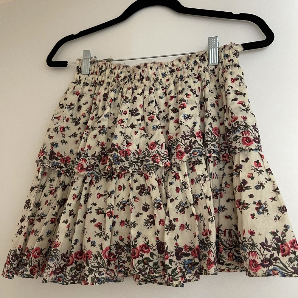 LoveShackFancy Cream Floral Mini Skirt with Pink and Green Accents